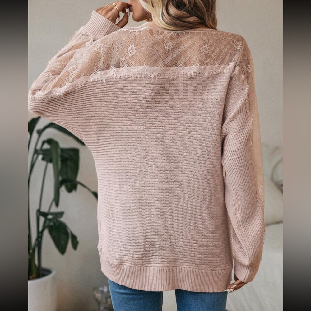 Cozy Contrast Lace Asymmetrical Boat Neck Batwing Sleeve Sweater Top - Picture 2 of 7
